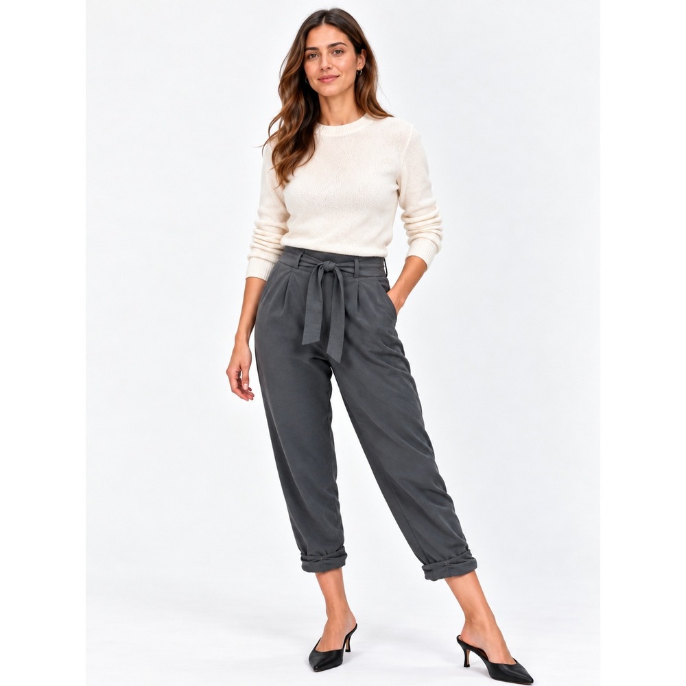 Aritzia Wilfred Allant Pants Womens 0 Charcoal Crepe Tie Waist Cropped Cuffed